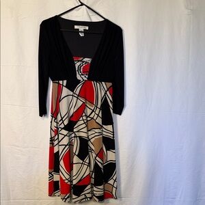 Evan Picone Black and Red Abstract Long Sleeve Dress